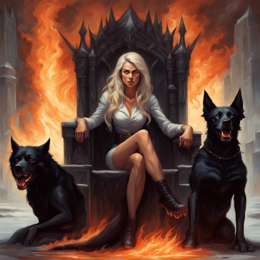Fiery Queen on Glass Throne with Hellhounds
