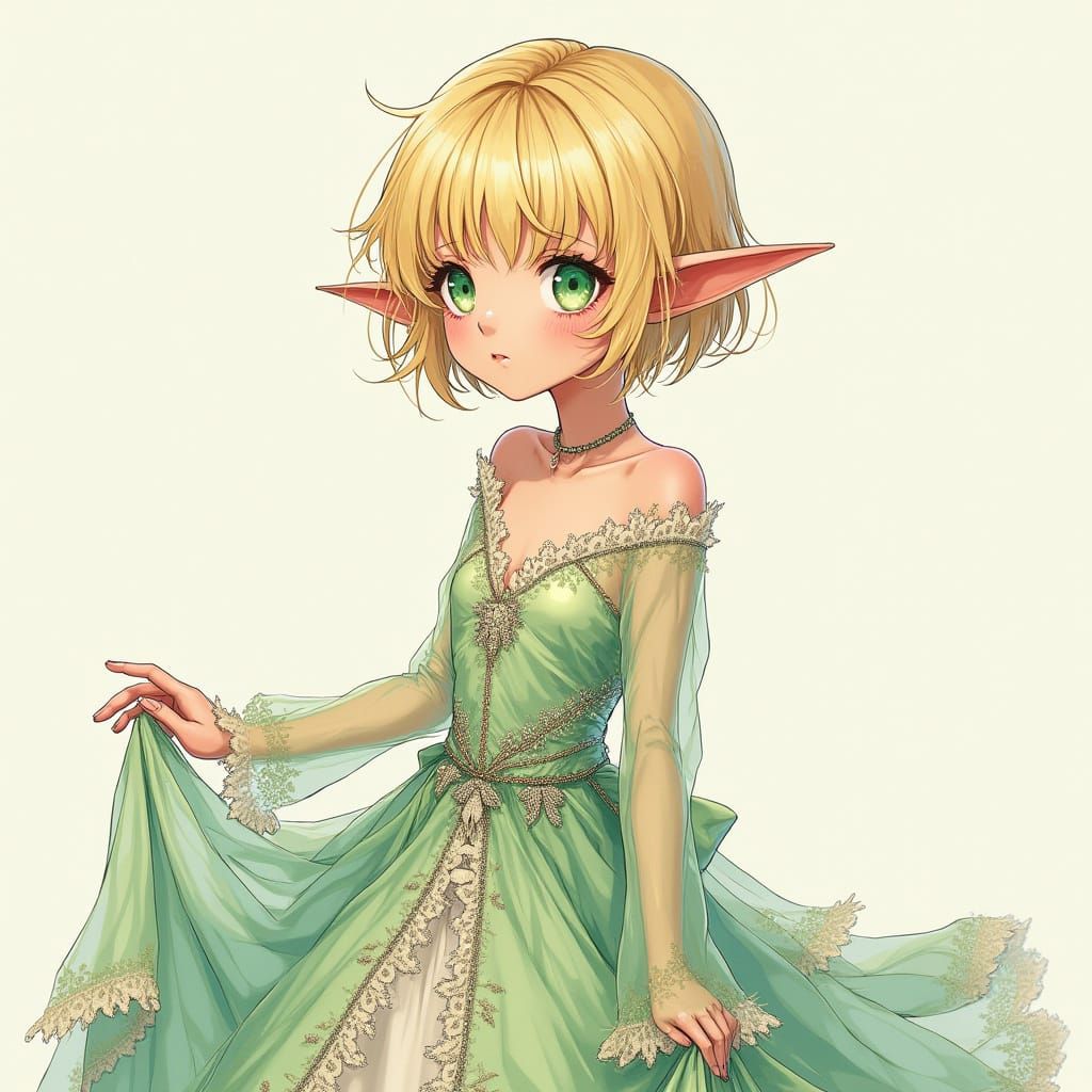 Anime Elf in Silk Dress, Murakami and Amano Style