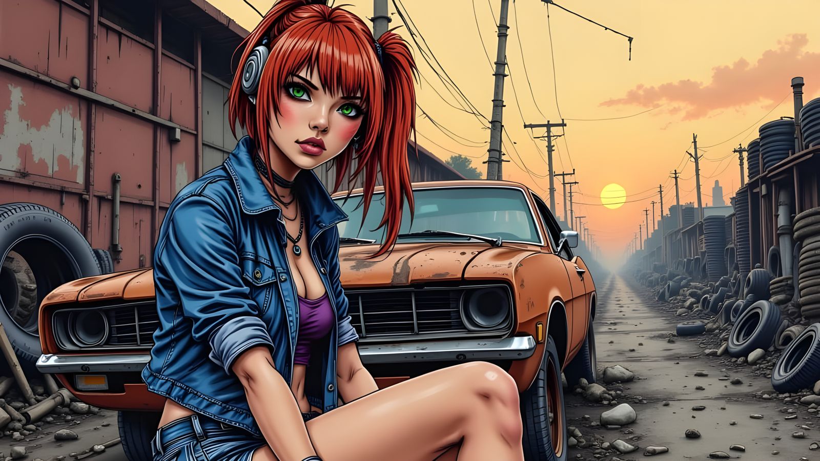 Woman in Junkyard, in Comic Book Art Style