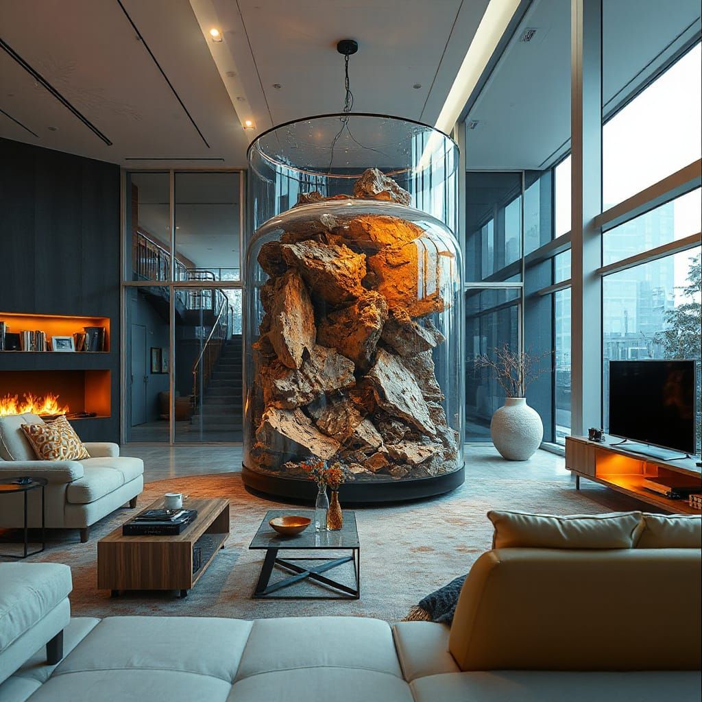 Ancient Civilization in Glass Container, Hyper-Surreal Scene