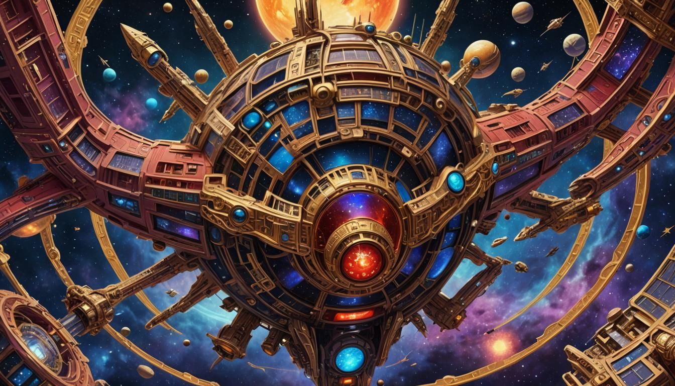 Epic Space Station with Dragons in Art Nouveau Style