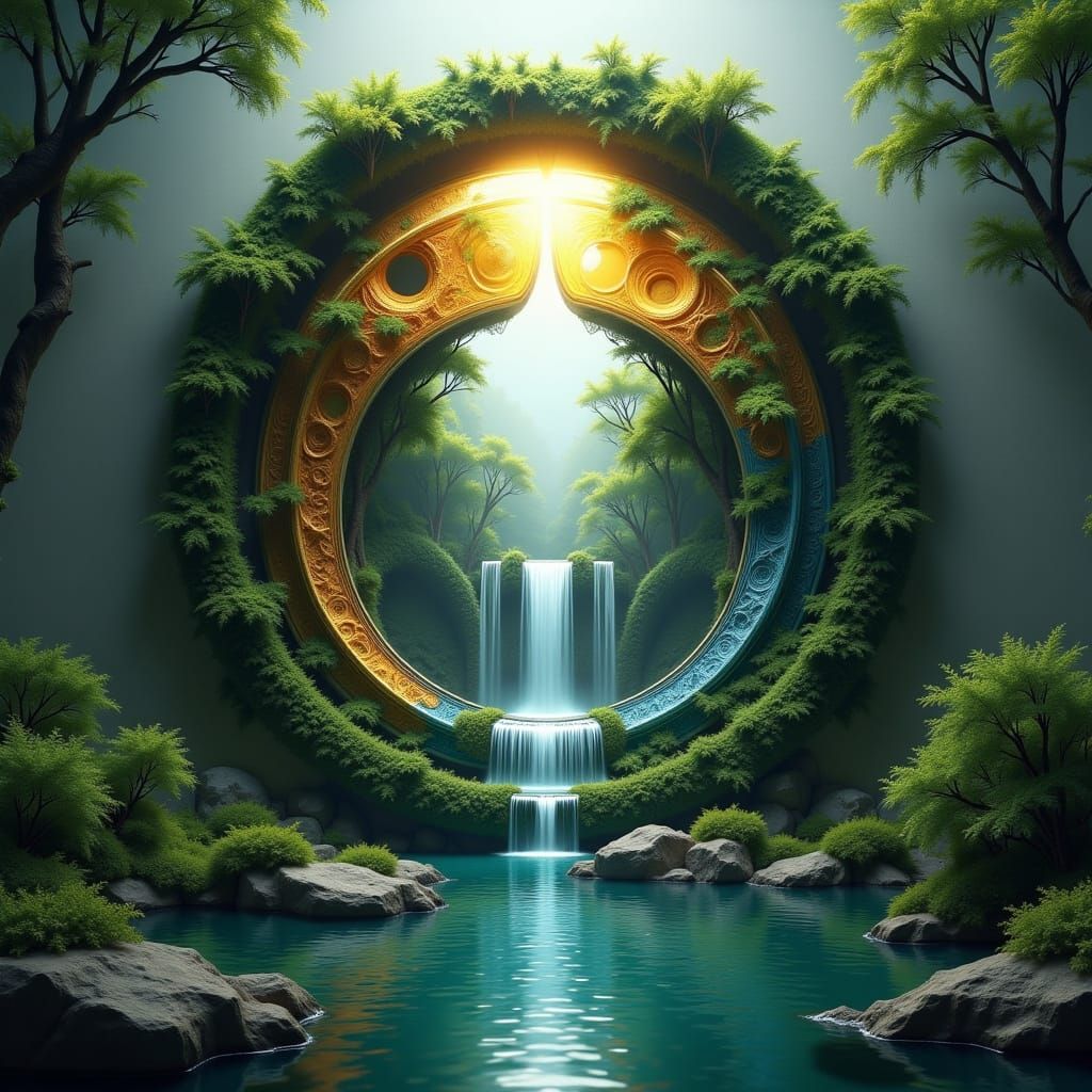 A waterfall flows into a lake surrounded by a green portal.