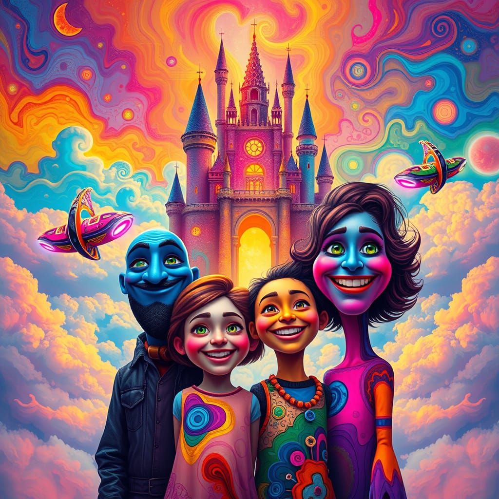 Surreal Family Portrait in Vibrant Cloudscape with Dreamlike...