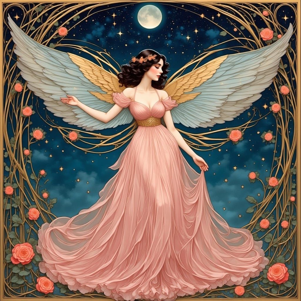 Art Nouveau Fairy Woman in Pink Gown Under Starry Sky