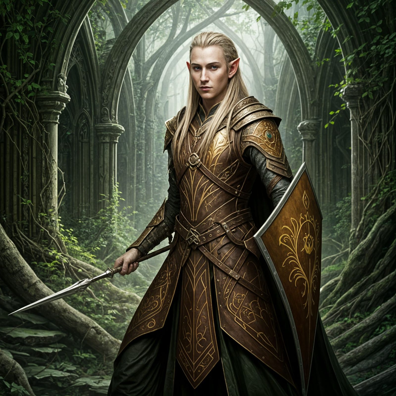 Elf Warrior in Rivendell Ruins: Detailed Realistic Art
