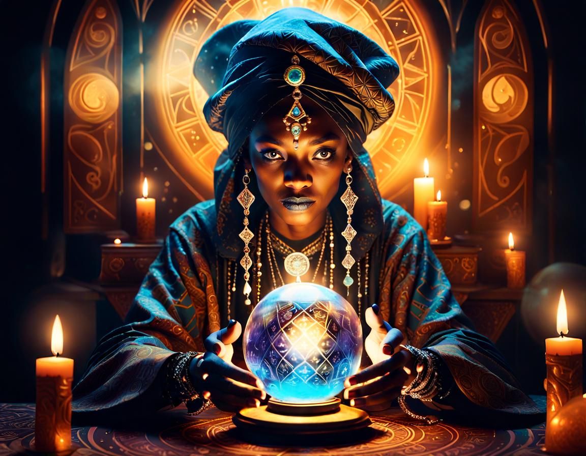 Mysterious Fortune Teller with Crystal Ball in Surrealist Ar...