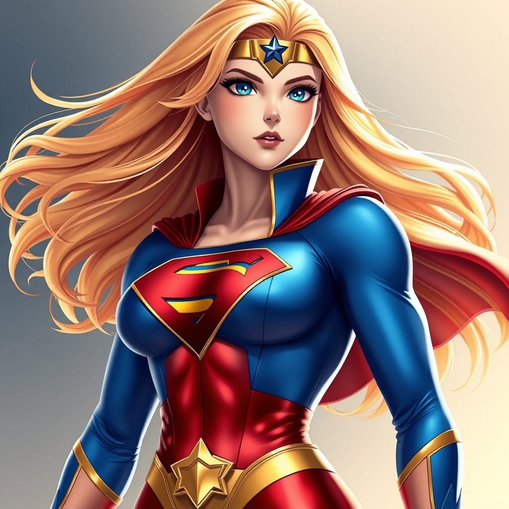 Anime Super Woman in Vibrant Blue and Gold Costume