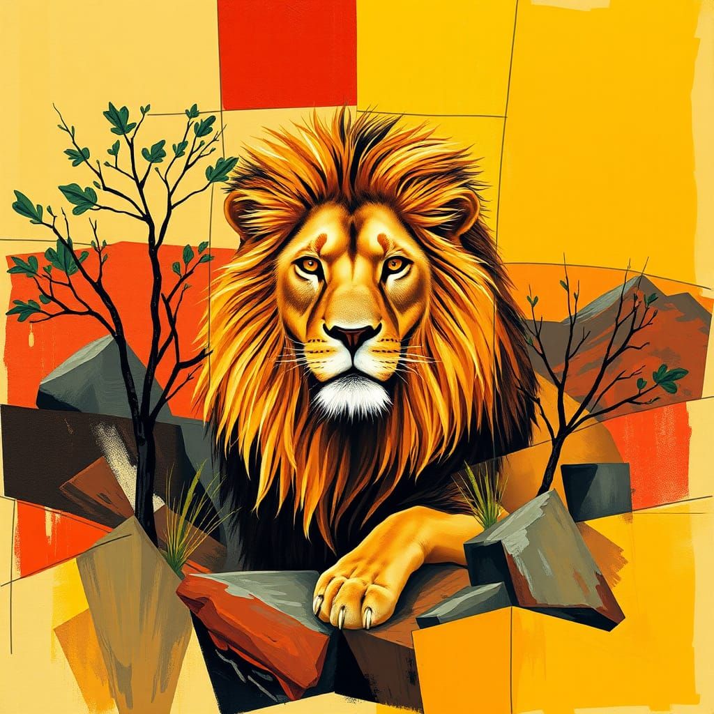 Lion Camouflaged in a Vibrant Cubist Landscape