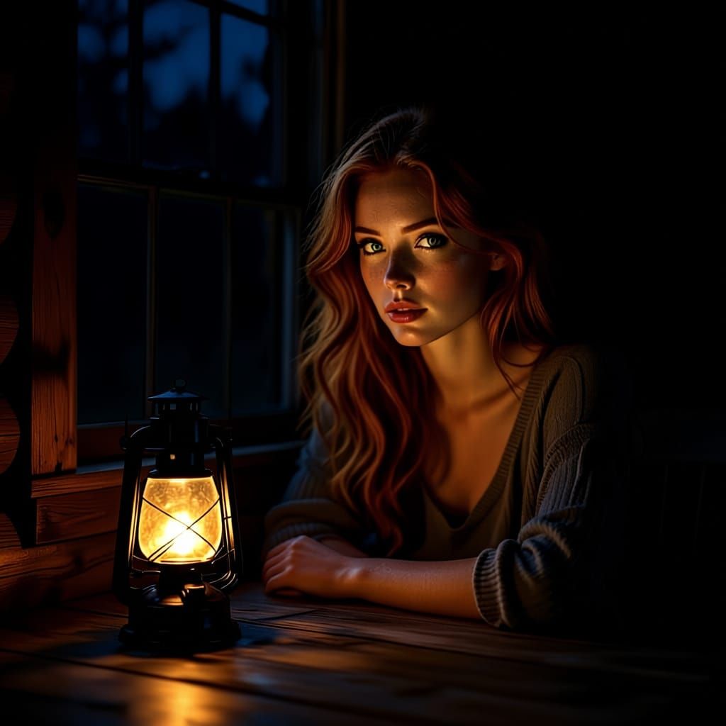 Lantern-Lit Cabin Interior with Redheaded Woman