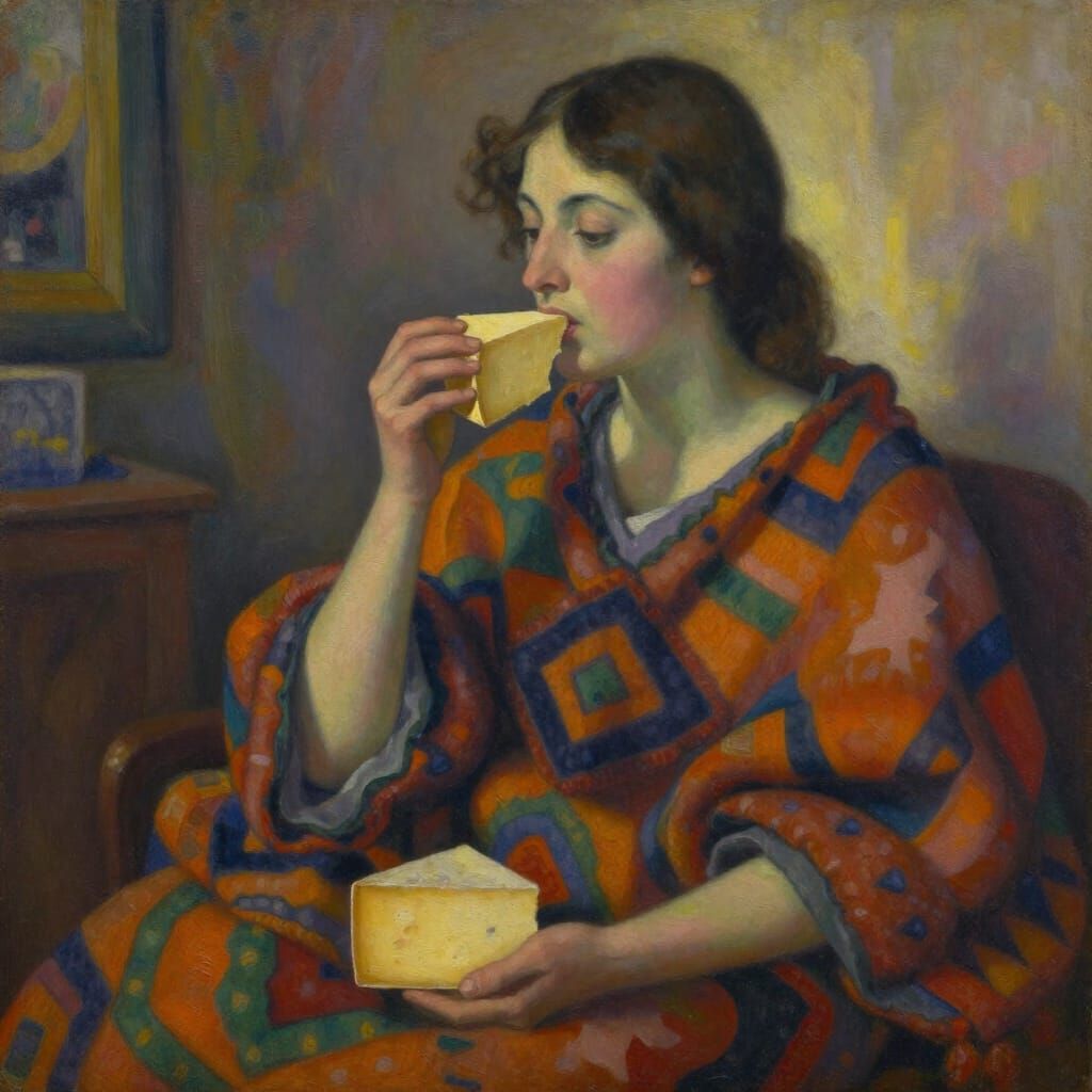 Surrealist Afghan Blanket Woman Eating Cheese