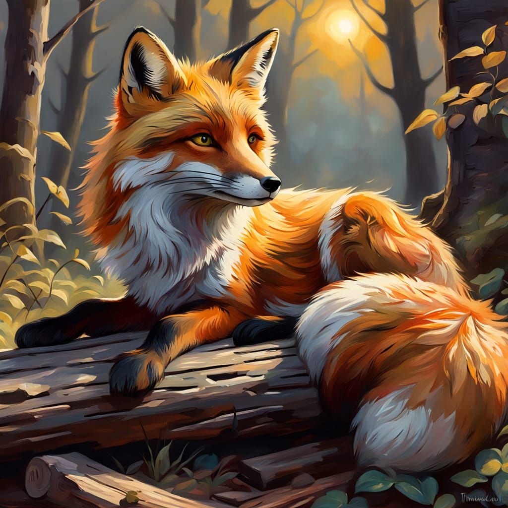 Fox Resting on Charcoal in Gouache Impressionist Style