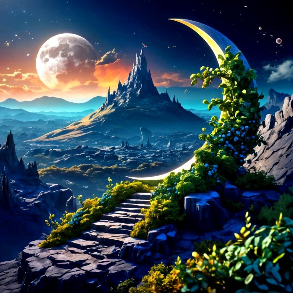 Inhabited Crescent Moon on Mountain Peak