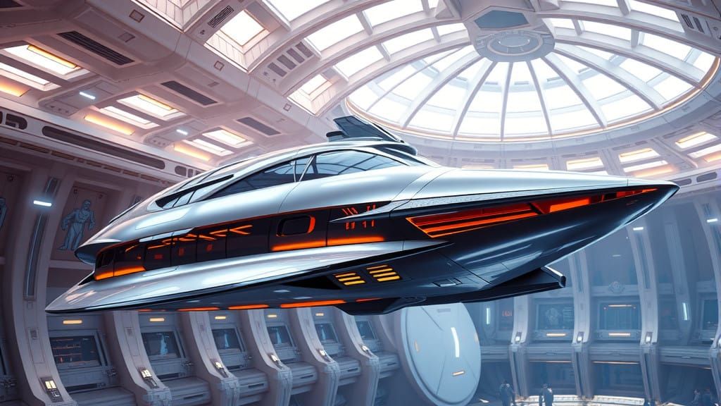 Sleek Silver Spaceship Lands in Futuristic Space Dock with E...