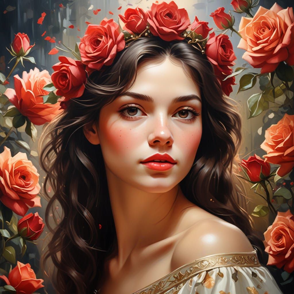 Romantic Oil Painting: Woman with Red Rose Crown