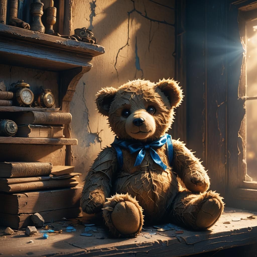 Glowing-Eyed Teddy Bear on Dusty Shelf