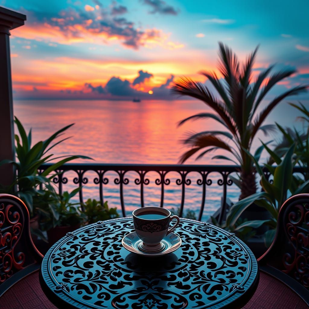 Sunrise Serenity: Ocean-Facing Balcony with Steaming Coffee