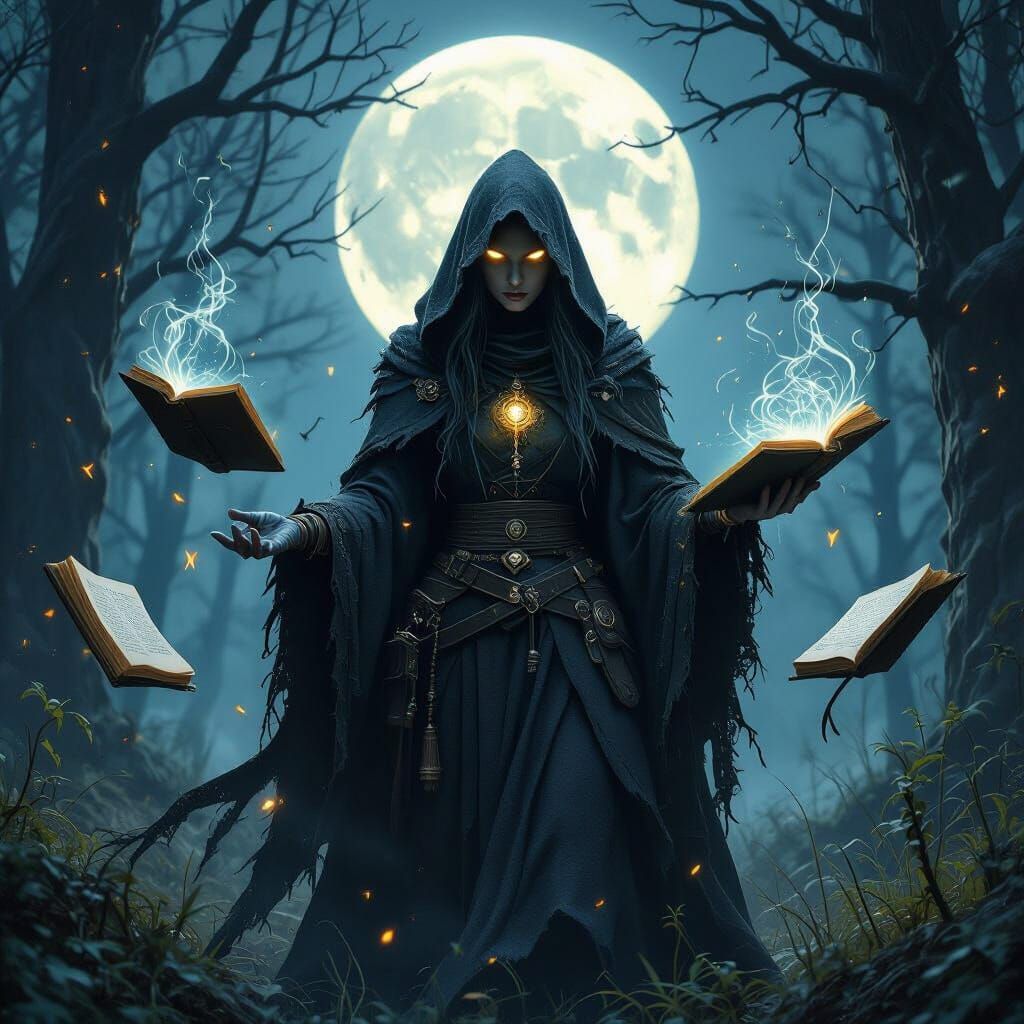 Mysterious Witch in Forest Under Moon, Dark Fantasy Art