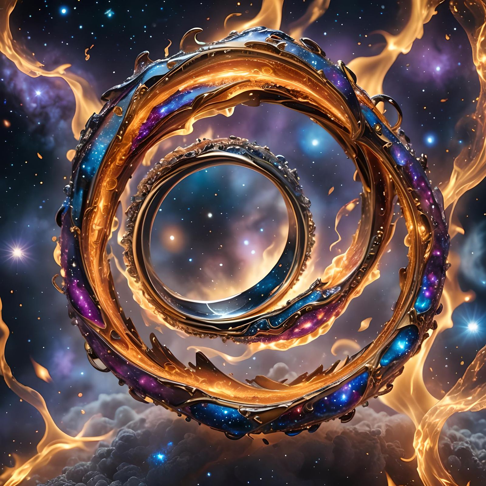 Fiery Universe Wedding Ring: Hyperrealistic Design