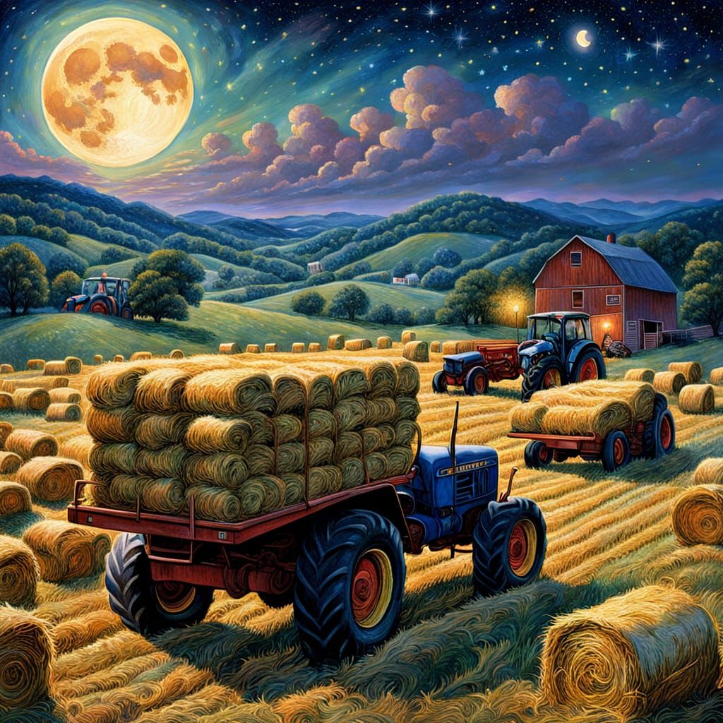 Nocturnal Hay Harvest Under Romantic Moonlight