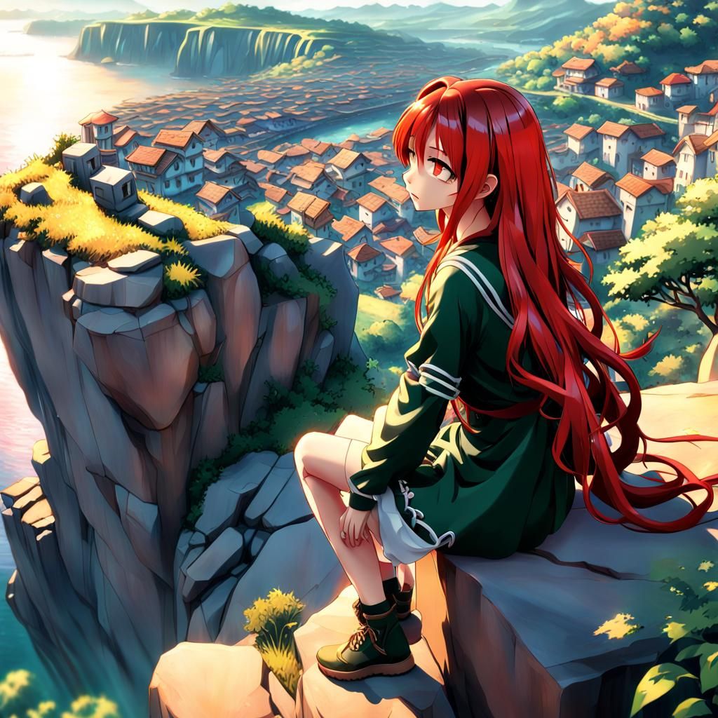 Anime Woman Overlooking Neighborhood: 3D Realistic Art