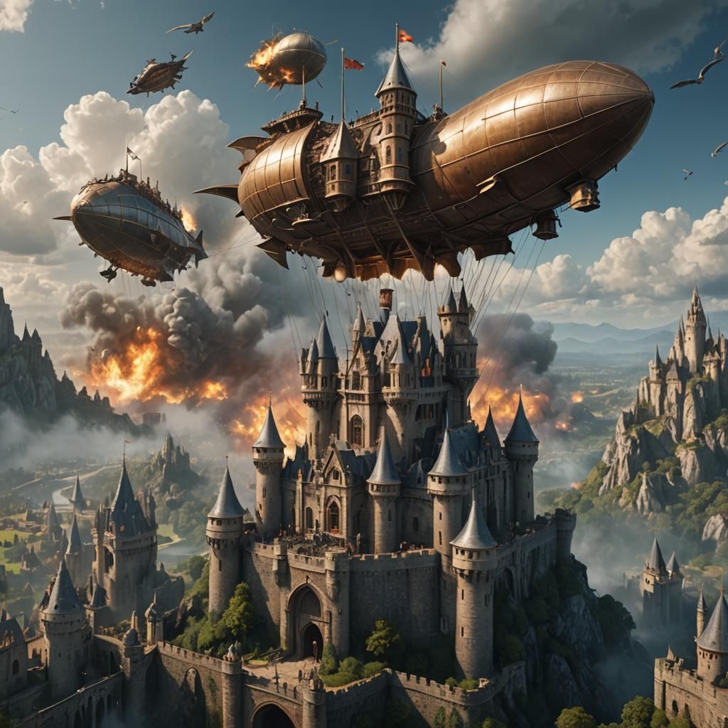 Airship Assault on Castle: Detailed Matte Painting