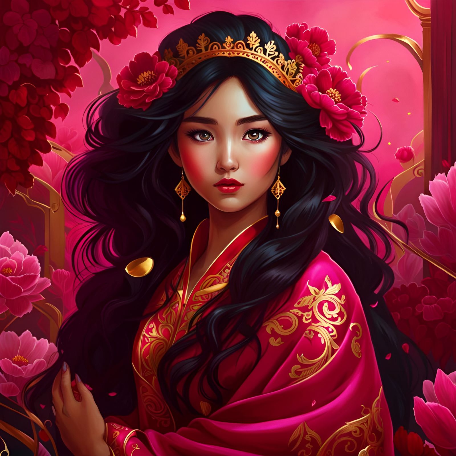 Fairytale Girl in Pink and Gold Digital Painting