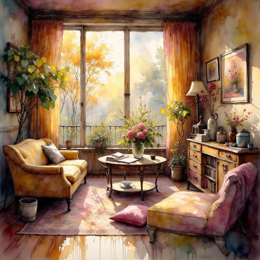Modern Living Room Interior Oil Painting