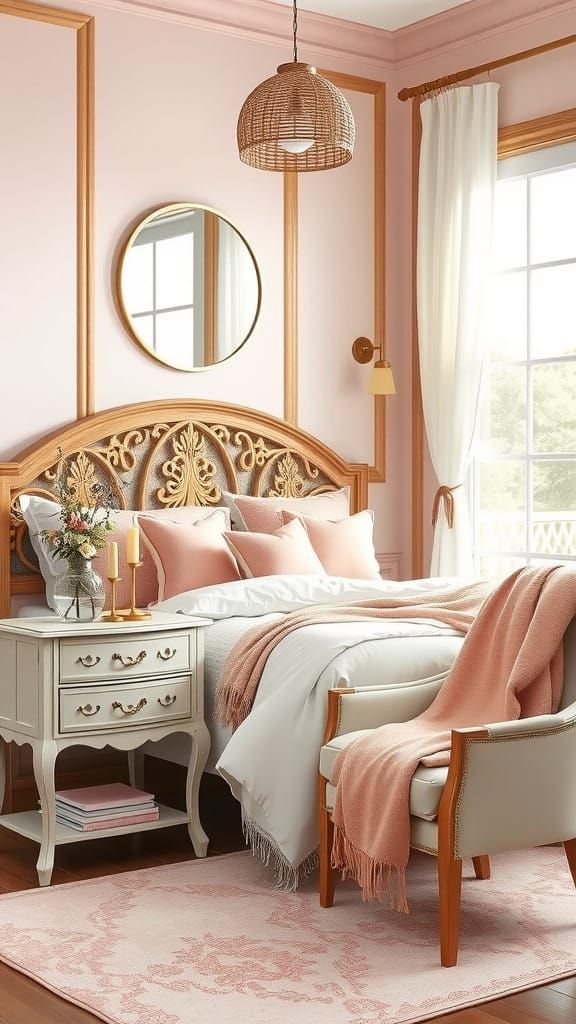 Romantic Boho Chic Bedroom in Soft Blush and Gold