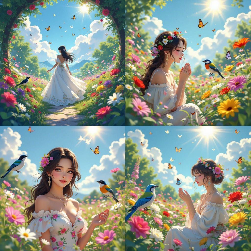 Beautiful Lady in Garden Admiring Nature in Anime 3D Style