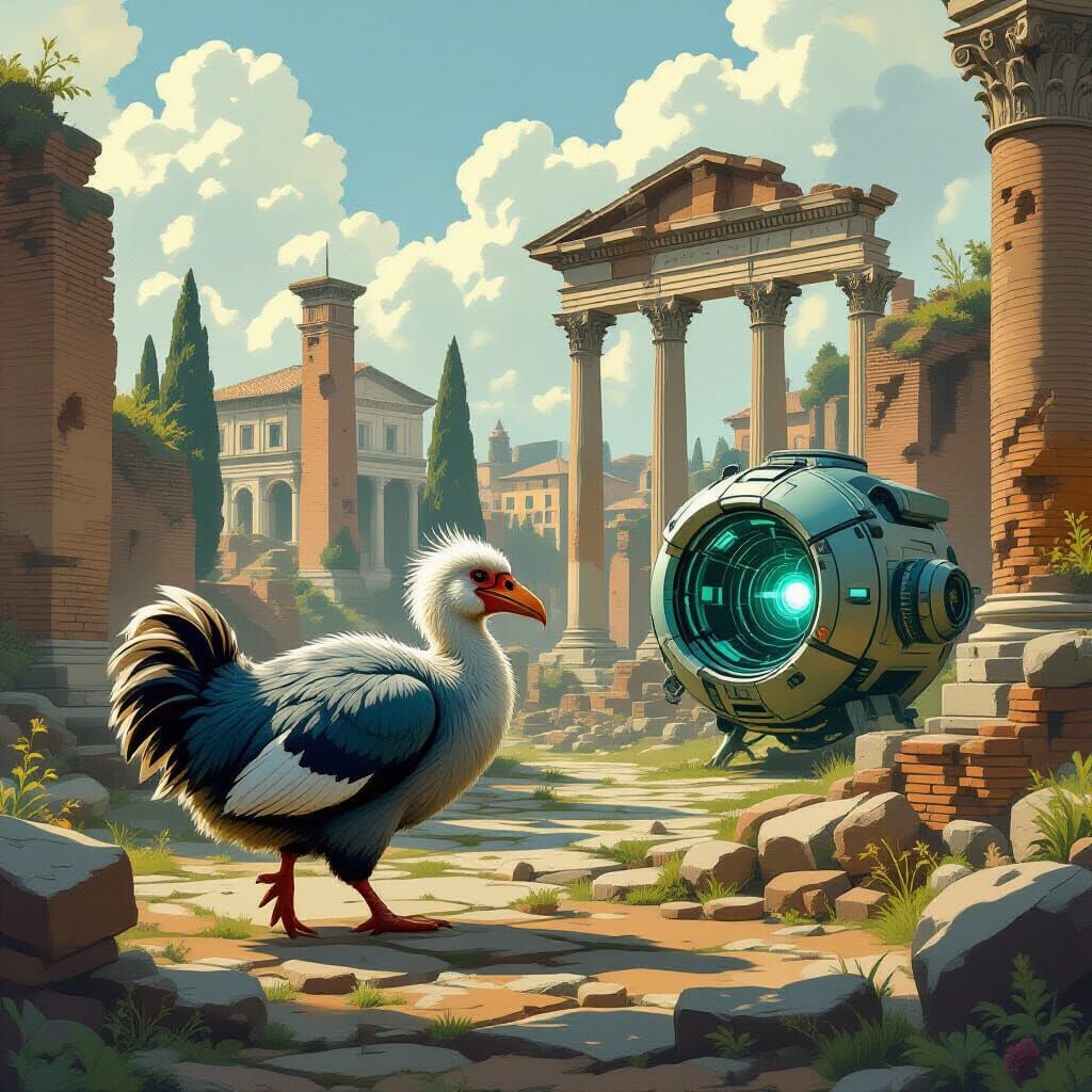 Dodo in Ancient Rome with Time Machine, Ghibli-Stalenhag Sty...