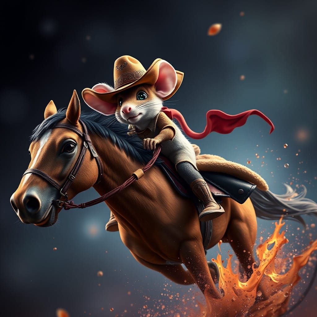 Mouse in Cowboy Hat Rides Majestic Horse in Fantastical Land...