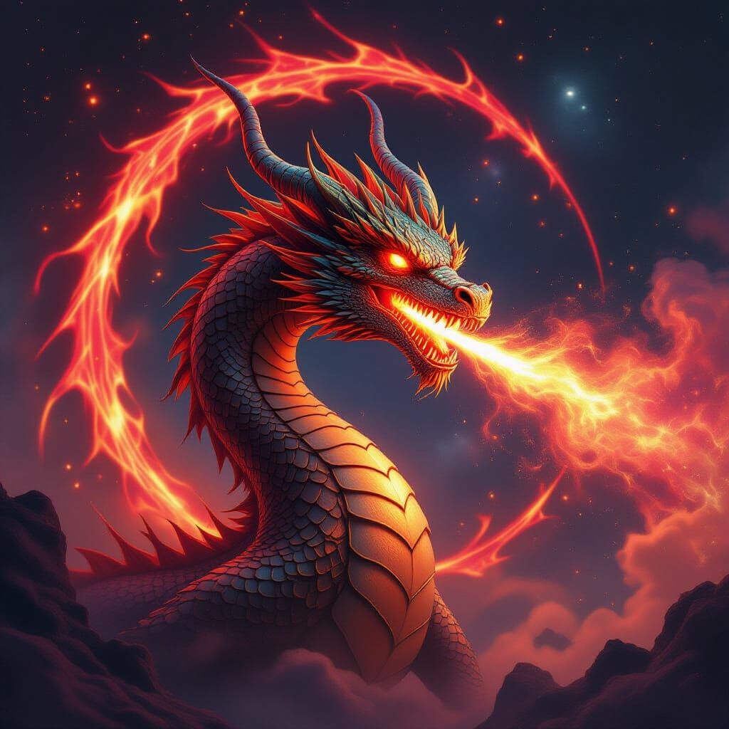 Majestic Golden Dragon Breathes Cosmic Energy