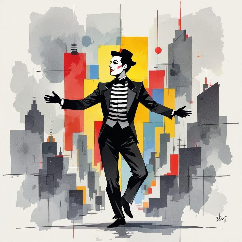 Mime Silhouette in Cubist Futuristic Cityscape