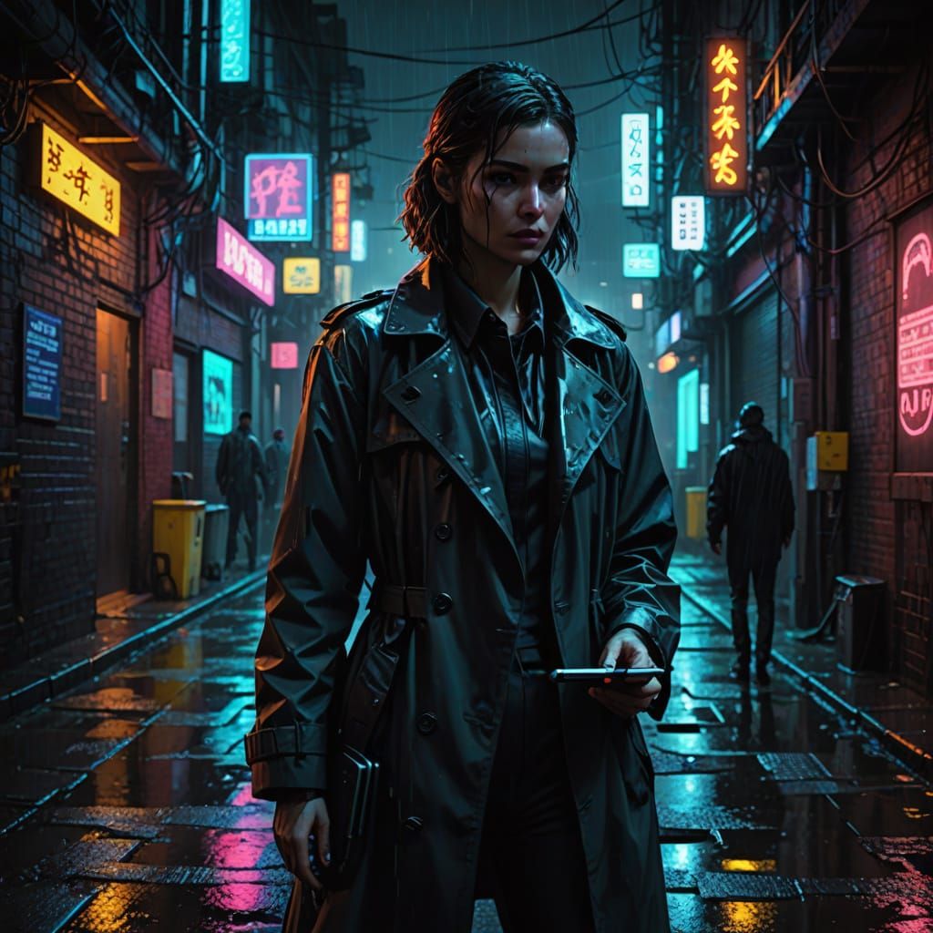 Cyberpunk Female PI in Dark Alleyway