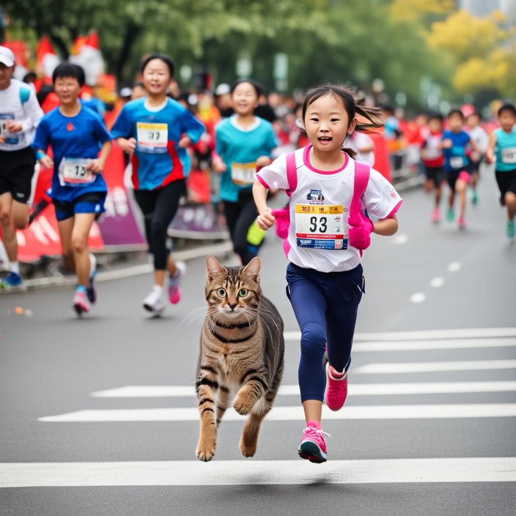 Chinese Girl and Cat Run Marathon in Candid Photo