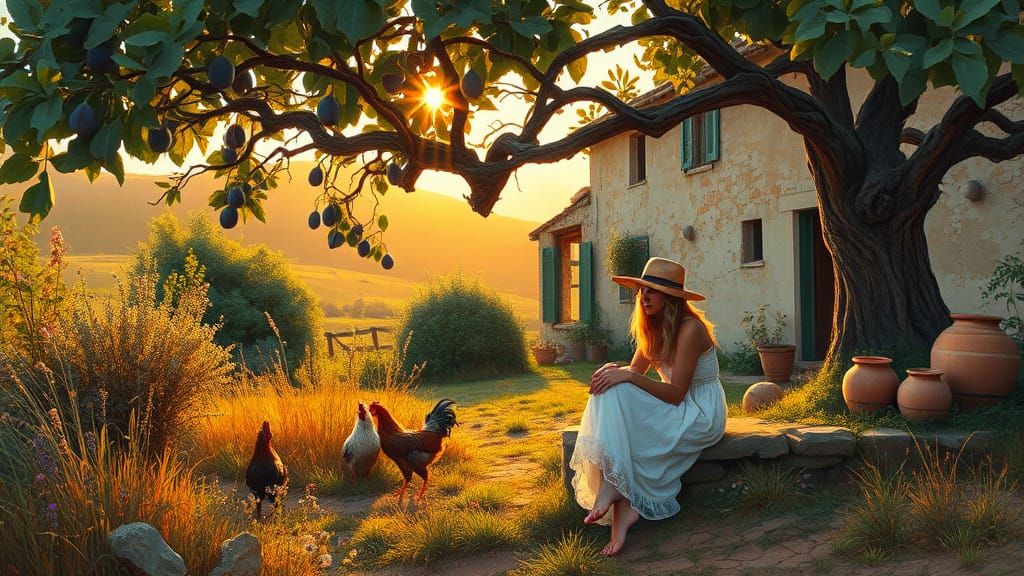 French Countryside Impasto Painting with Barefoot Woman