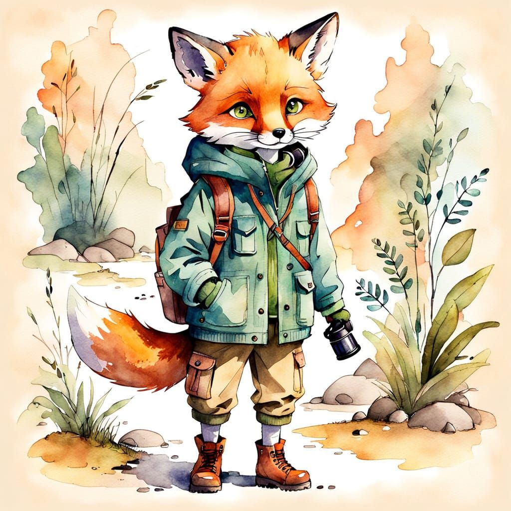 Fox Cub Traveller in Watercolor Sketch