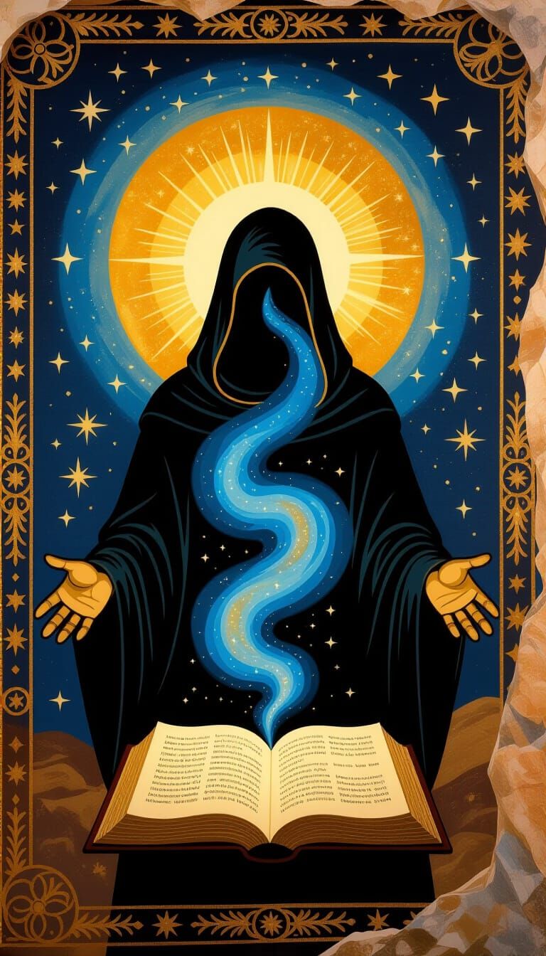Mystical Cave Art: Hooded Figure and Celestial Galaxy