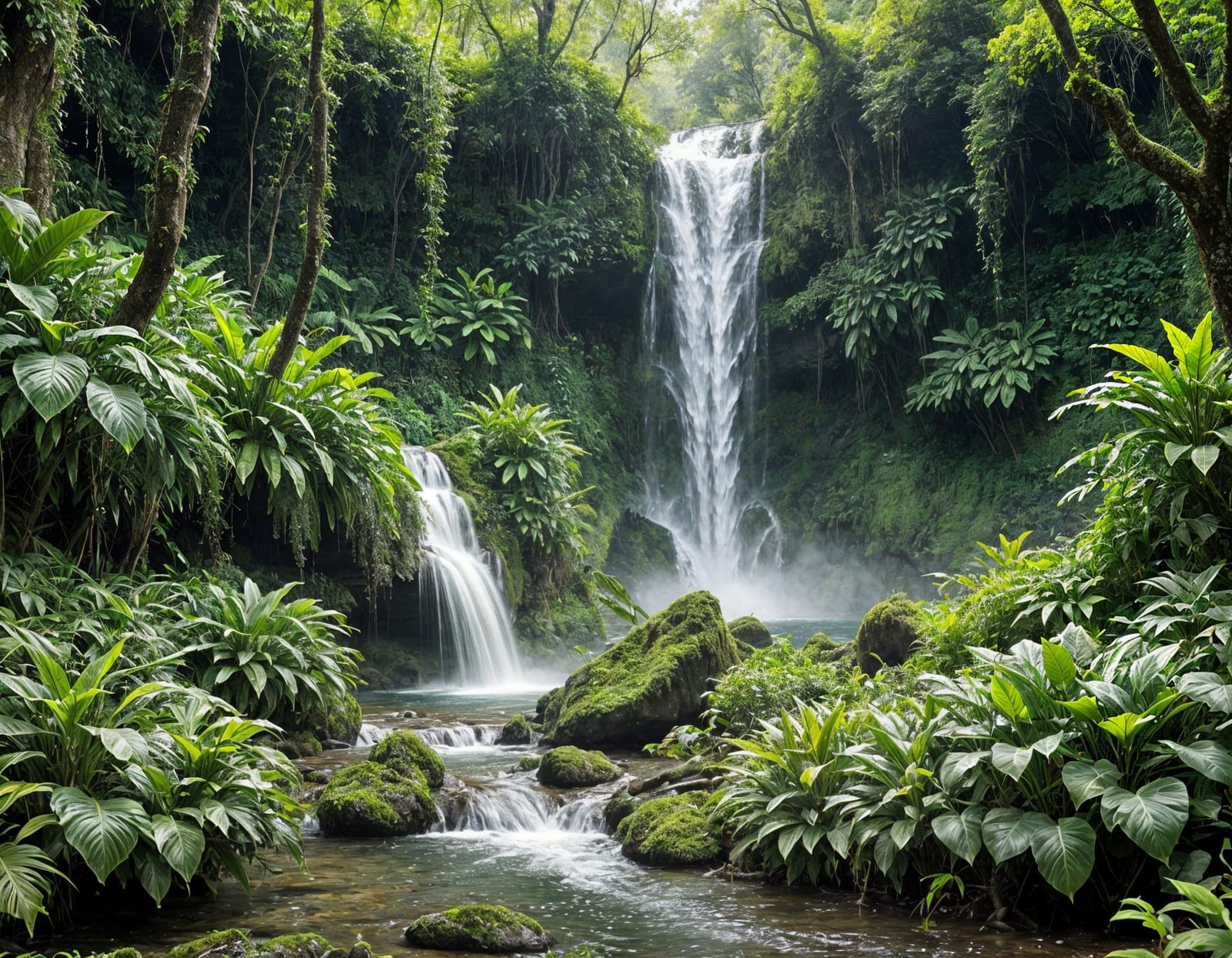 Vibrant Spring Jungle Waterfall in Emerald Hues