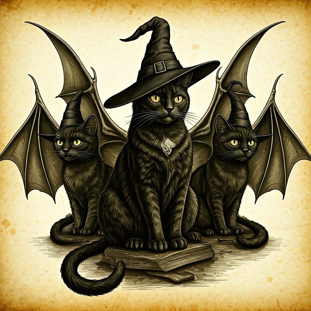 Mystical Black Cats with Bat Wings in Sepia Tones