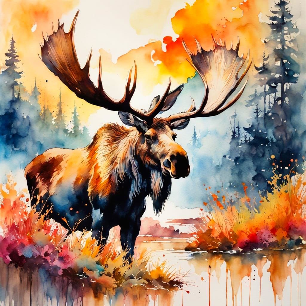 Majestic Moose in Alpine Landscape, Watercolor Painting