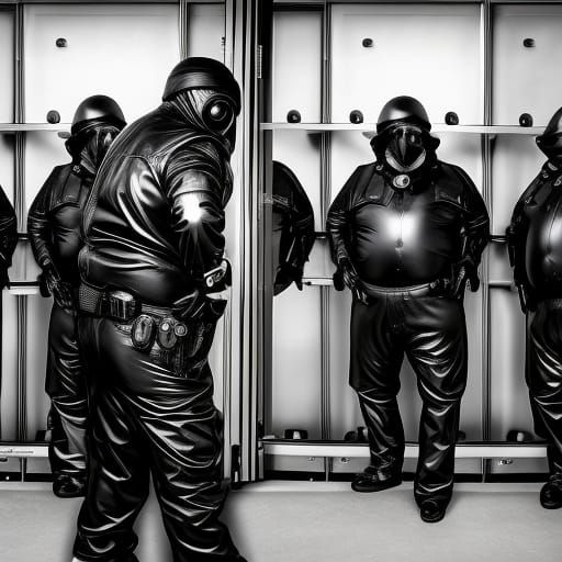 Group of Men in Shiny Latex Workgear