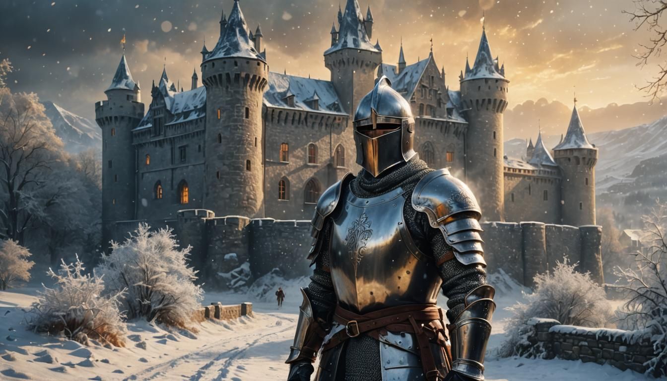 Hyperrealistic Knight Stands Before Snowy Castle