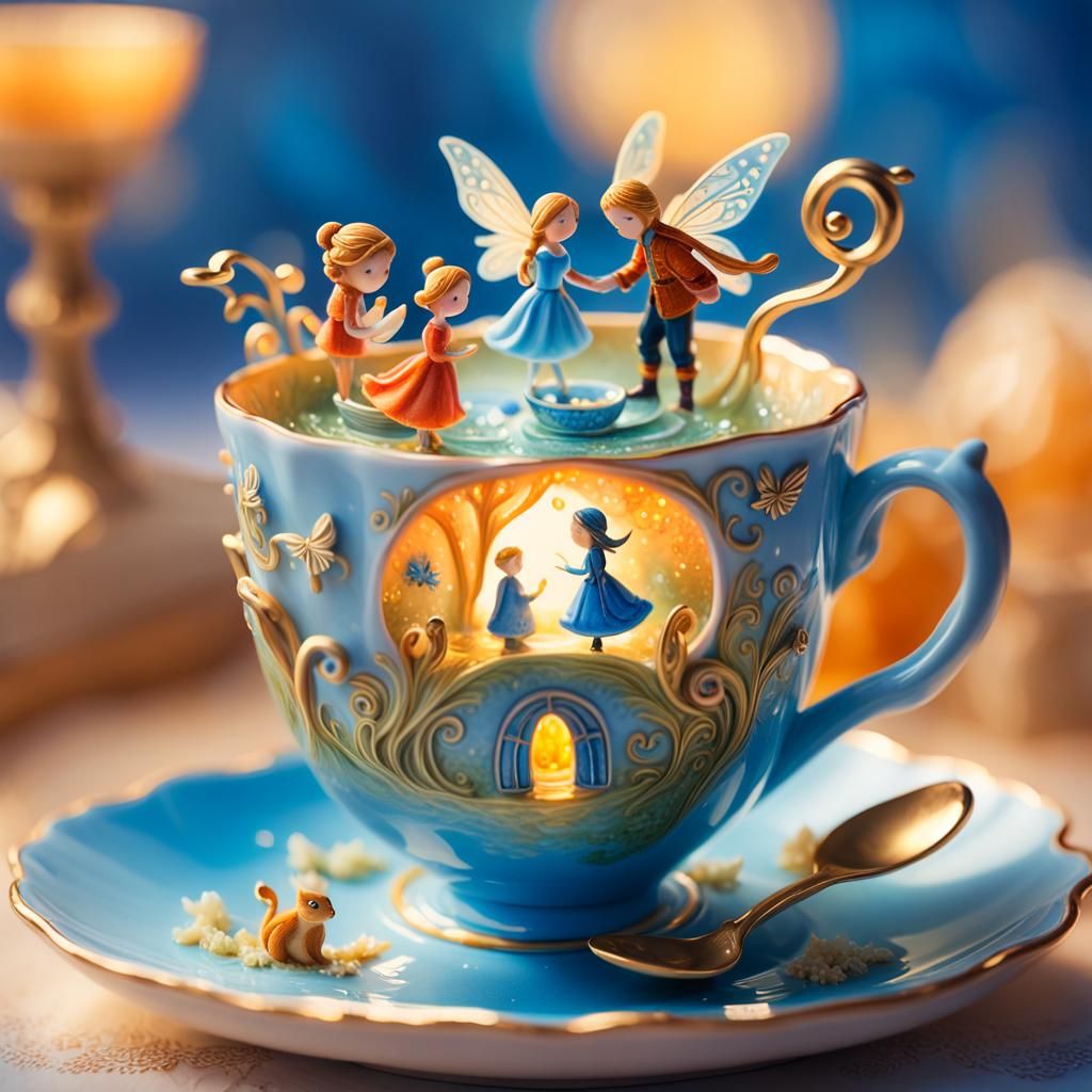 Miniature Fairytale Scene in Teacup: Oil Painting