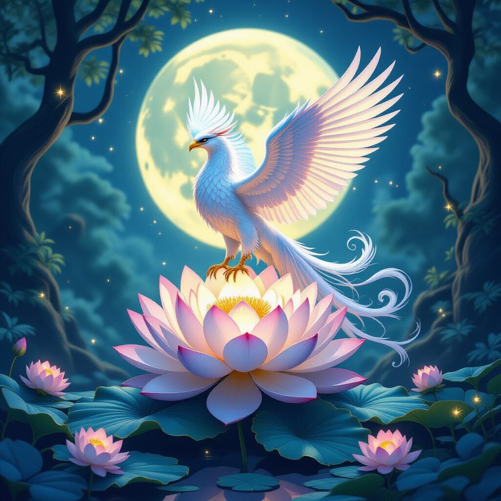 Majestic Griffin on Lunar Lotus in Ethereal Forest