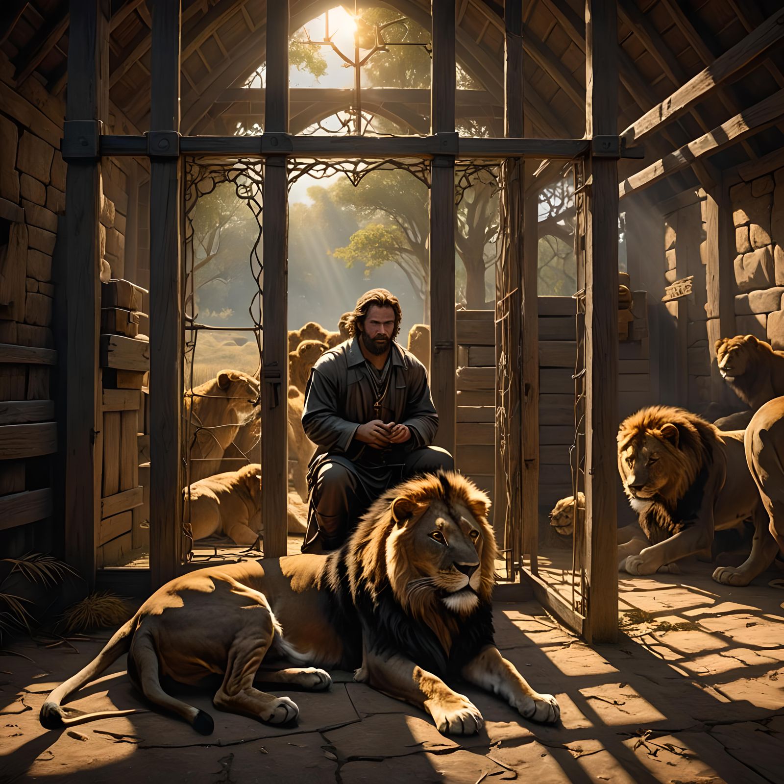 Man Praying in Lion's Den: Dark Fantasy Concept Art