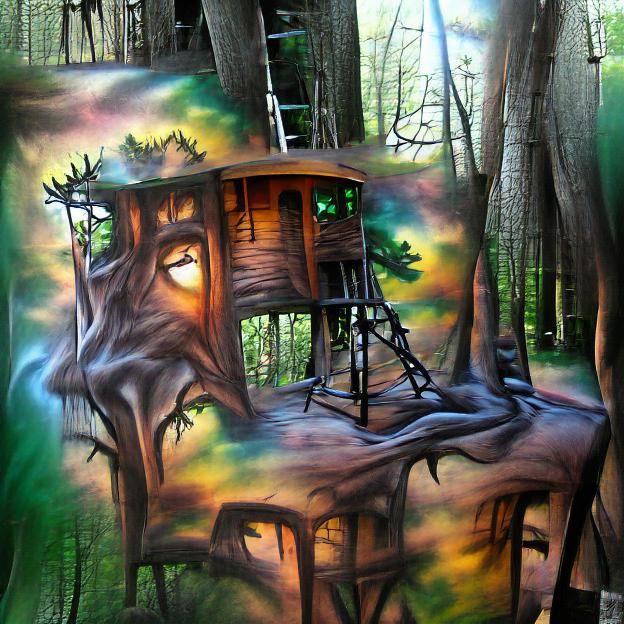 Treehouse in Sunlit Forest: Airbrush Art