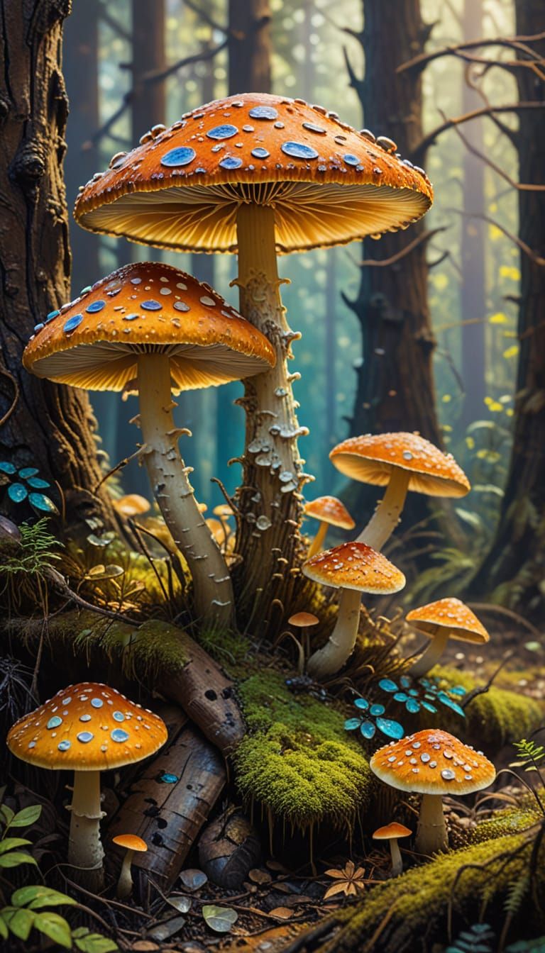 Vibrant Neo Impressionist Forest Scene with Iridescent Fungi