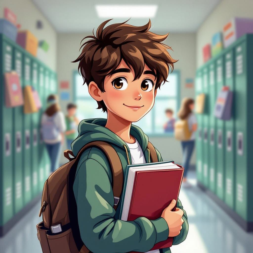 Teen Student in School Hallway, Manga Art Style