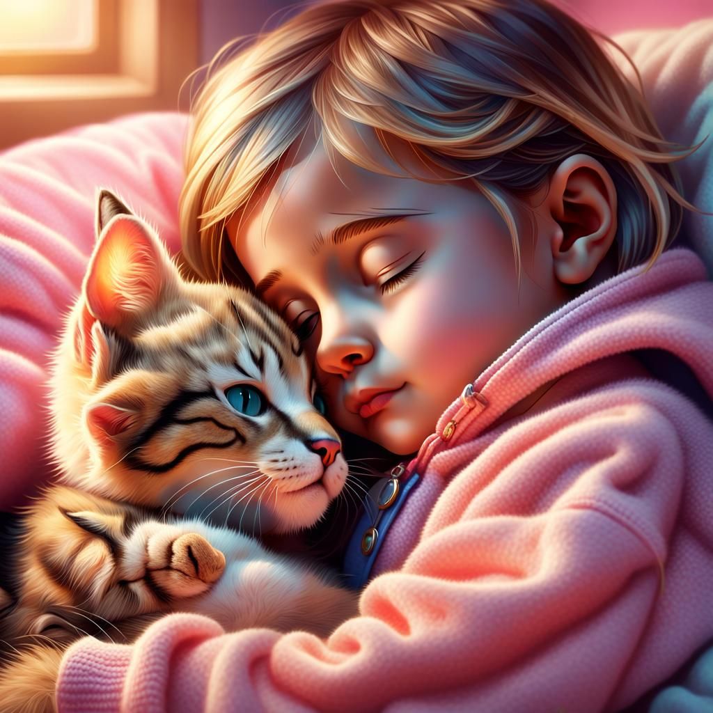 Sleepy Kitten Snuggles Kid: Hyperrealistic Digital Art